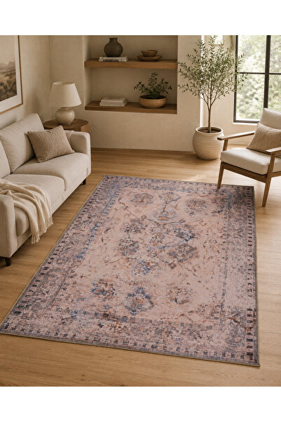 Kaymaz Taban Yıkanabilir Dijital Şönil Vintage Desenli Halı Kilim