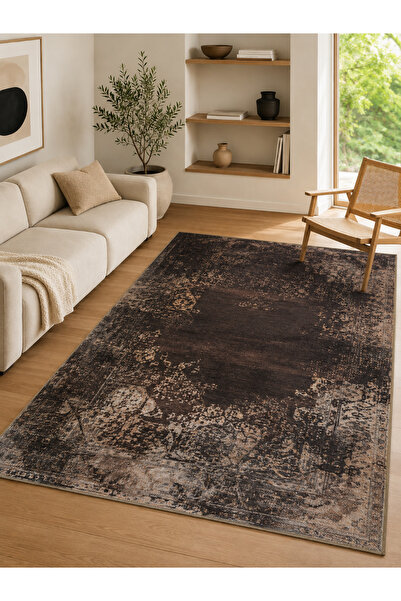 Kaymaz Taban Yıkanabilir Dijital Şönil Vinatage Desenli Halı Kilim