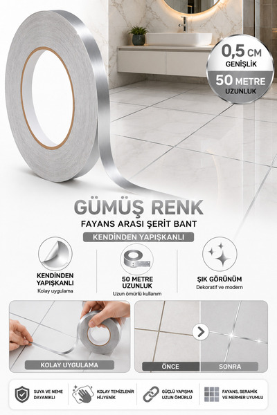 Hane Dostu 0,5 Cm 50 Metre Gümüş Fayans Arası Şerit Bant Kendinden Yapışkanlı...