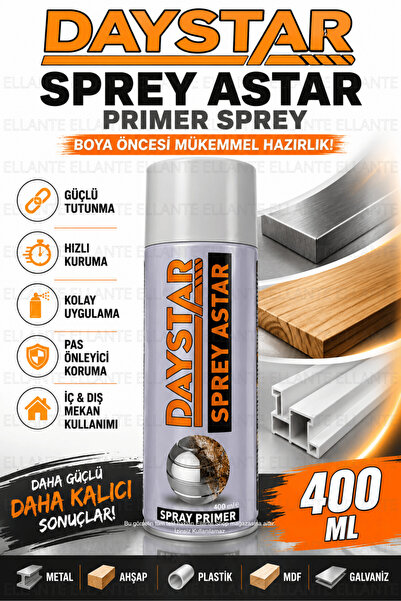 ellante Sprey Astar Primer 400 ML Boya Öncesi Güçlü Yapışma Hızlı Kuruyan Gri...