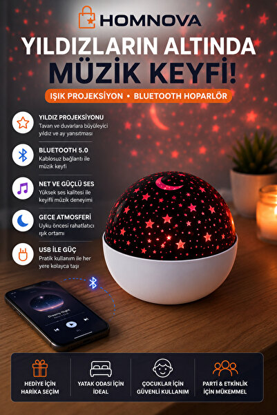 Homnova Yıldız Projektörlü Bluetooth Hoparlör Gece Lambası USB Kablolu Ay ve ...
