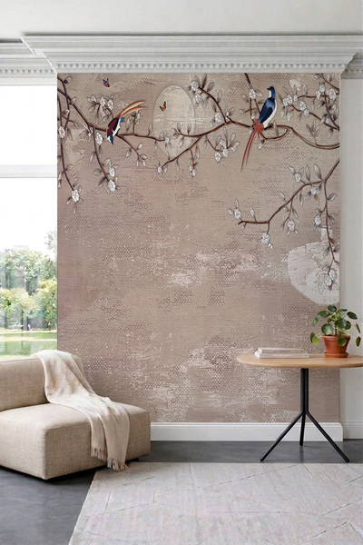 dreamwall Japon Esintili Çiçekli Dallar ve Egzotik Kuşlar Desenli Tek Parça T...