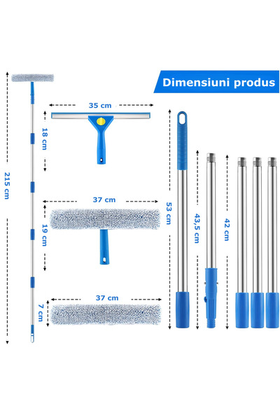 Simply Joy Set profesional pentru curățarea geamurilor Simply Joy, racletă 2-în-1 pentru geamuri, mâner telescopic de 2,1 m, reglabil, racletă pentru geamuri, lavetă din microfibră, curățare fără urme.