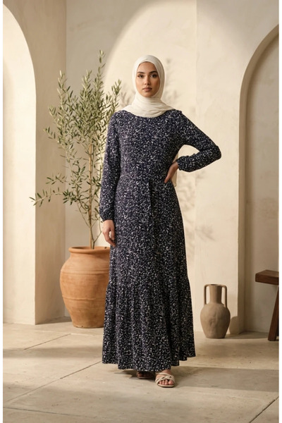 sefamerve Bürümcük Fabric Floral Patterned Belted Hijab Dress 0580-02 Navy Bl...