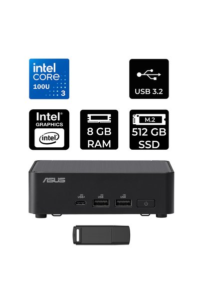 ASUS NUC14 Pro Slim Kit Intel Core 3-100U 8GB RAM 512GB SSD FreeDOS RNUC14RVKI300002IP302 Mini Masaüstü Bilgisayar + PER4 USB BELLEK