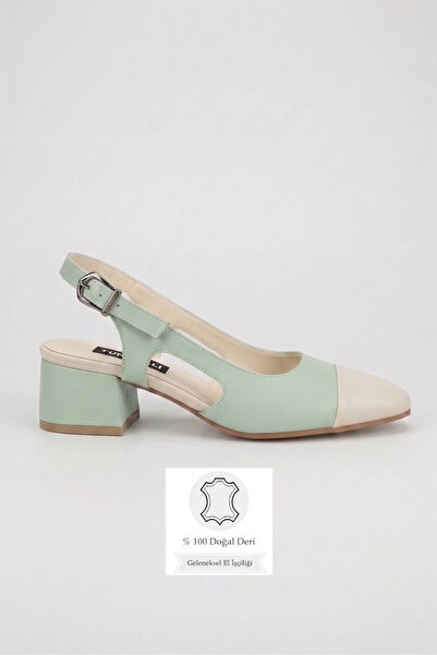 TUNAELLİ Women's Aqua Green - Beige Genuine Natural Leather Thick Heel Shoes ...