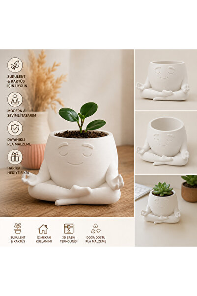 ToprakCraftCo Meditasyon Yapan Surat Figürlü Sukulent Saksısı - 3D Baskı Deko...