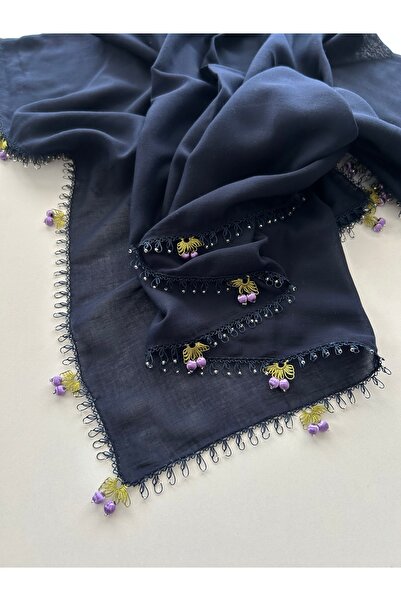 CENK YAZMA Navy Blue Cherry Embroidered Writing Craft Needlepoint Bead Embroi...