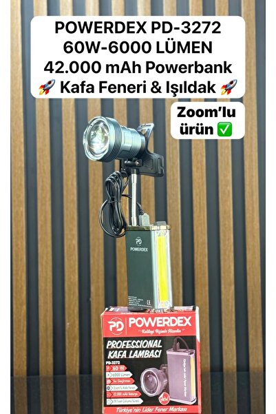 powerdex pd-3272 60w-6000 lümen 42.000 mah powerbank&kafa feneri&zoomlu ışıldak