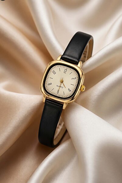 GANYMET Rosso Black Leather Cord Gold Case Women's Wristwatch – Square Dial M...
