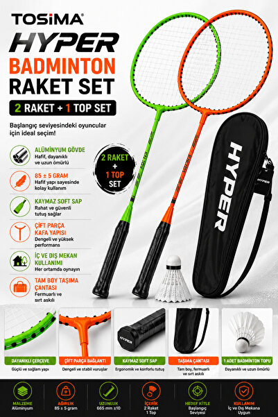 Tosima Hyper Badminton Raket Seti 2 Raket 1 Top Çantalı Alüminyum Badminton R...
