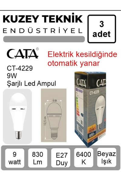 Cata CT-4229 9W Şarjlı Led Ampul E27 duy Beyaz ışık ( 3 Adet )
