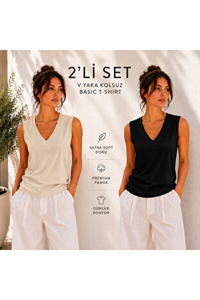 Hayalet Kadın V Yaka Kolsuz T-Shirt Ultra Soft Basic Bluz - Loose Fit/Bol Kesim