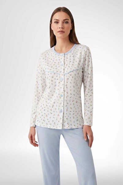 Mecit Pijama Mecit 6362 blue 100% cotton full-length buttoned plus size women...
