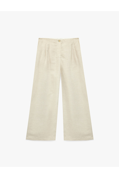 Koton Linen Blend Pleated Detailed High Waist Wide Leg Palazzo Trousers with ...