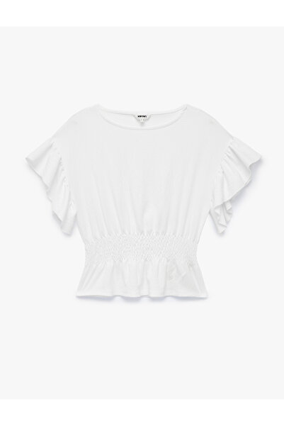 Koton Slim Fit Bel Vurgulu Gipeli Bisiklet Yaka Fırfırlı Kısa Kollu Bluz