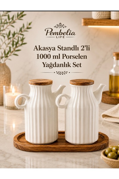 Pembelia Life Acacia Stand Set of 2 Porcelain 1000 ml Oil Bottles, Oil and Vi...