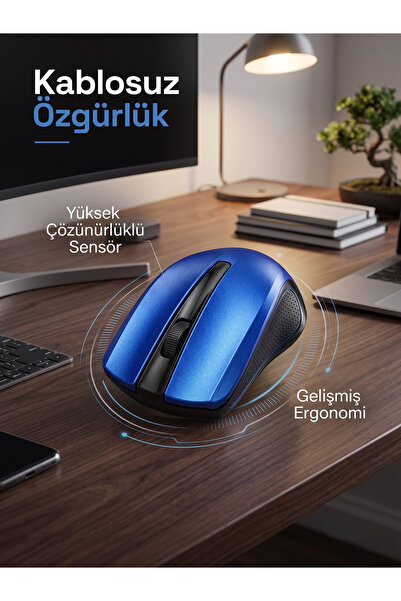 2.4 GHz Kablosuz Optik Mouse - Ergonomik Tak Çalıştır USB Laptop Ofis Faresi Pilli