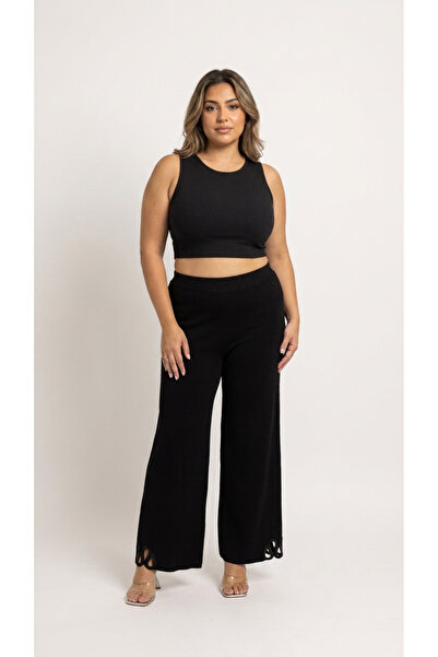 Ramelya Plus Size Lycra Elastic Waist Wide Leg Embroidery Detailed Wide Leg S...