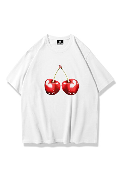 STYKEER تي شيرت للجنسين مقاس كبير مطبوع عليه "CHERRY" تي شيرت أبيض فضفاض