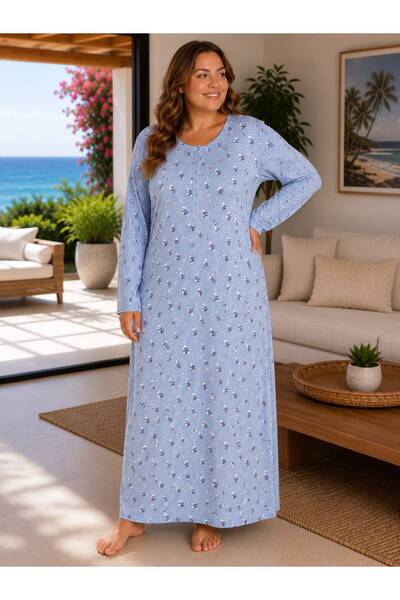 İpek Women's Long Sleeve Floral Pattern Plus Size 100% Cotton Ankle Length Ni...