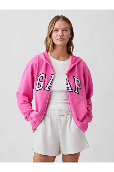 GAP Kadın Pembe Logo Fermuarlı Fransız Havlu Kumaş Sweatshirt