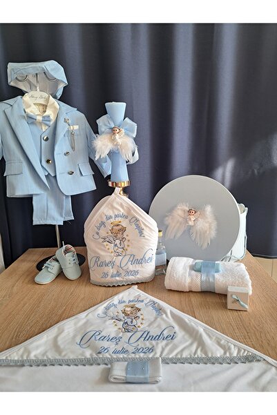 OMS TRUSOU DE BOTEZ PERSONALIZAT INGERAS BLEU-SET COMPLET CU LUMANARE,CUFAR S...