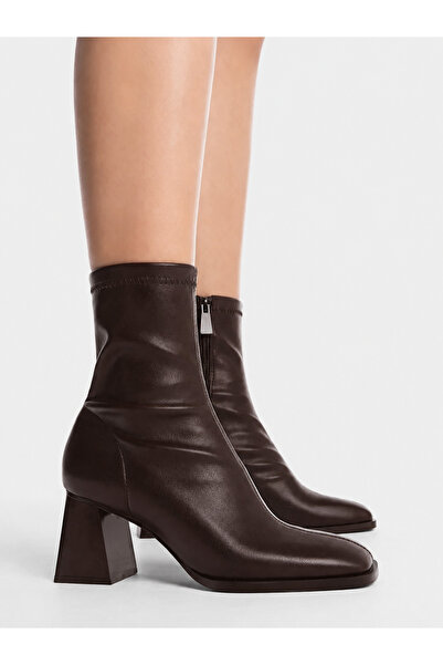 Scarpebutik Women's Bitter Brown Square Toe Mid-Heel Stretch Ankle Boots