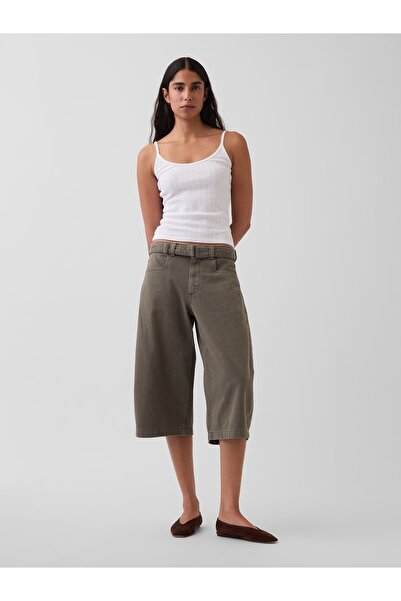 GAP Kadın Haki Mid Rise Kemerli Culotte Barrel Pantolon