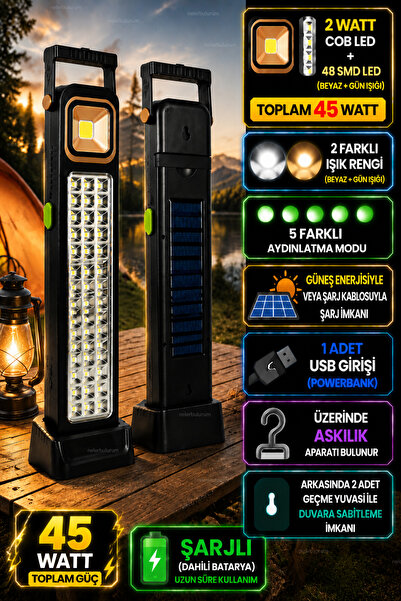nelerbulurum Şarjlı Güneş Enerjili ve USB Şarjlı 45 Watt Kamp Lambası Işıldak...