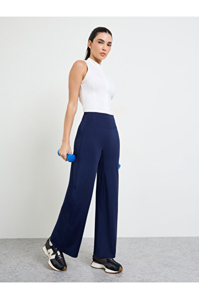 Styli Navy Blue Broad Waist Loose Fit Straight Pants