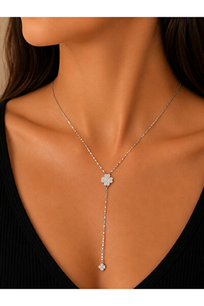 Bymiel Women's Silver Color Clover Figured Dangle Stone Necklace