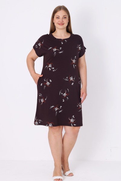 İntensive Women's Plus Size Brown Patterned Cotton Pocket Short Sleeve Dress