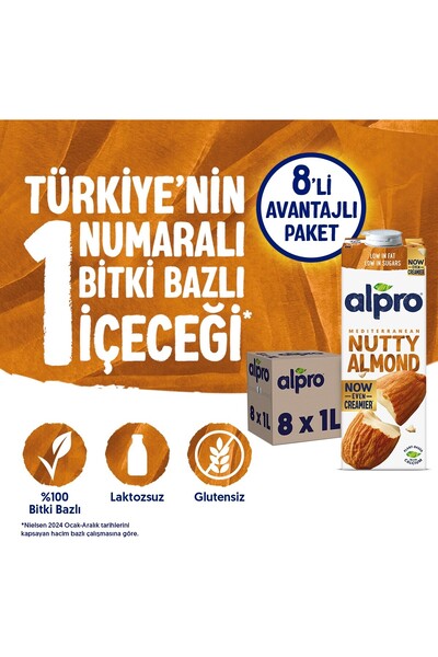 Alpro Badem Sütü 8x1 L Vegan Laktozsuz Bitkisel Bazlı