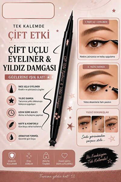 Kinlee Çift Taraflı Yıldız Damgalı Eyeliner İnce Uçlu Likit Eyeliner Siyah Gö...