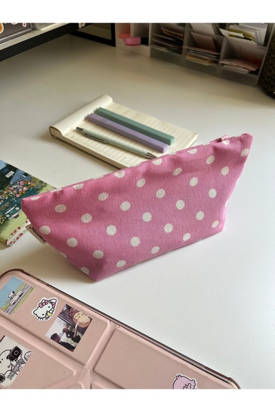 sumicorn Pembe Puantiye Tek Gözlü Bez Kalemlik Yıkanabilir Fermuarlı Kalem Ku...