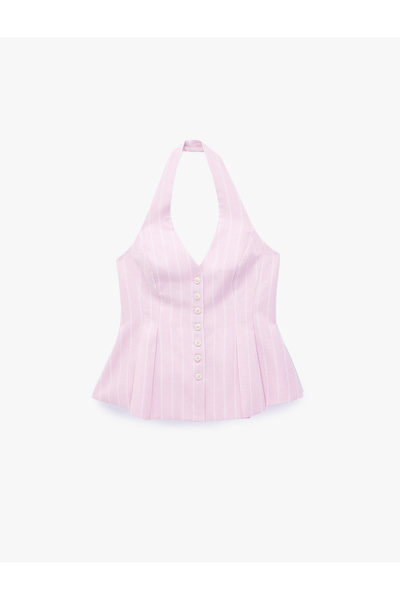 Koton Keten Karışımlı Sırt Dekolteli Çizgili Pileli Peplum Halter Yaka Yelek