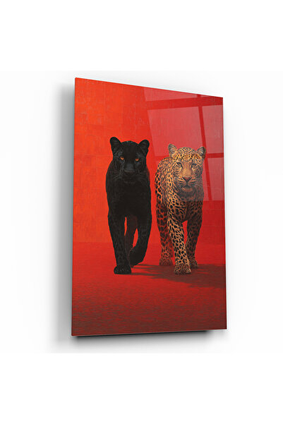 ACRES Siyah Panter Leopar Kırmızı Fon Güç Temalı Dekoratif Cam Tablo