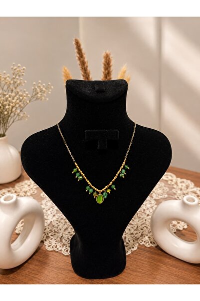 ENORİA ACCESSORİES Yeşil Taş Detaylı Gold Kadın Kolye
