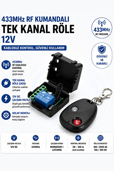 RoboPazar 12V Tek Kanallı Kablosuz Röle Modülü – 433 MHz RF Uzaktan Kumandalı...