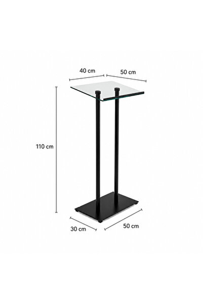 reklam etkisi Kürsü Temperli Cam Siyah Çelik Tabanlı - Sunum Konuşma Karşılama Standı 60x40 cm