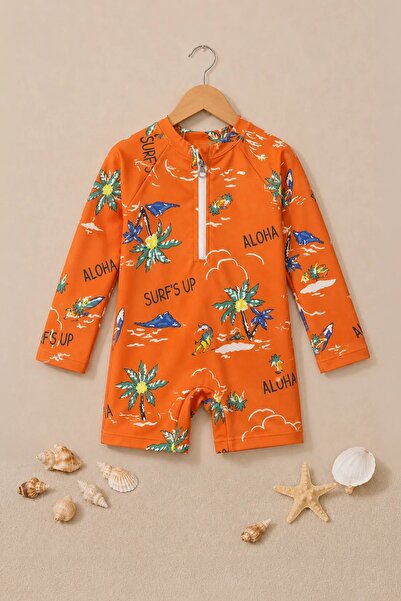 ZUZUNGA Aloha Surf's up Orange Zippered Long Sleeve Baby Boy Romper Swimsuit
