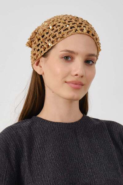C&City Sequin Detailed Triangular Tied Summer Knitted Beanie Y8250 Light Brown