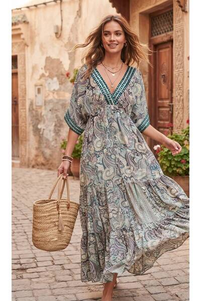 moda gk Boncuk/Nakış Detaylı Parlak Desenli Bohem Pamuk/İpek Elbise