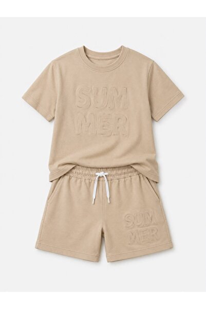 YİGİT BUTİK Girl's Summer Embossed Letter T-Shirt and Shorts Set