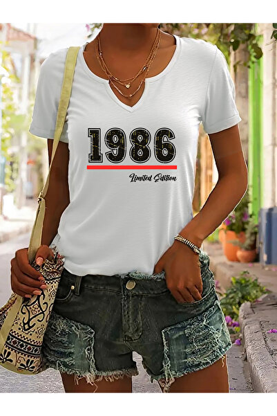 Deocept Women's 1986 Printed Half V-Neck Sleeves Regular Fit Casual T-Shirt