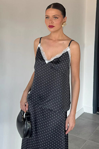 Aryena Black Women's Polka Dot Satin Blouse with Rope Straps