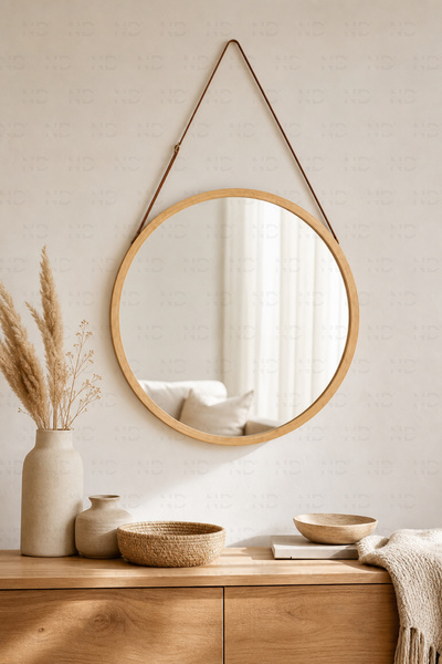 NATUREL DEKOR Bambu Deri Askılı Yuvarlak Dekoratif Ayna 50 cm, Bohem, Iskandi...