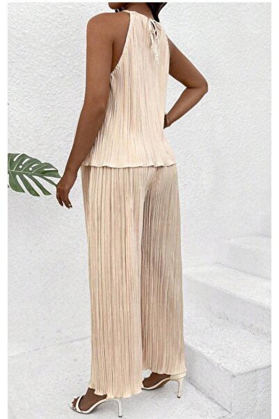 NO BRAND Set plisat din satin crem, pantaloni simpli de sarcină, top Shein 44
