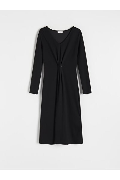 NO BRAND Rochie midi neagră cu mânecă lungă, decolteu în V, uni, din viscoză,...